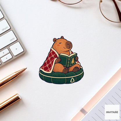 Capybara Quiet Chapter Vinyl Sticker, Cozy Christmas Reading Animal Decal, Book Lover Gift