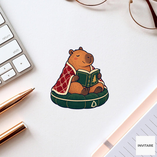 Capybara Quiet Chapter Vinyl Sticker, Cozy Christmas Reading Animal Decal, Book Lover Gift
