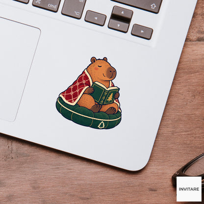 Capybara Quiet Chapter Vinyl Sticker, Cozy Christmas Reading Animal Decal, Book Lover Gift