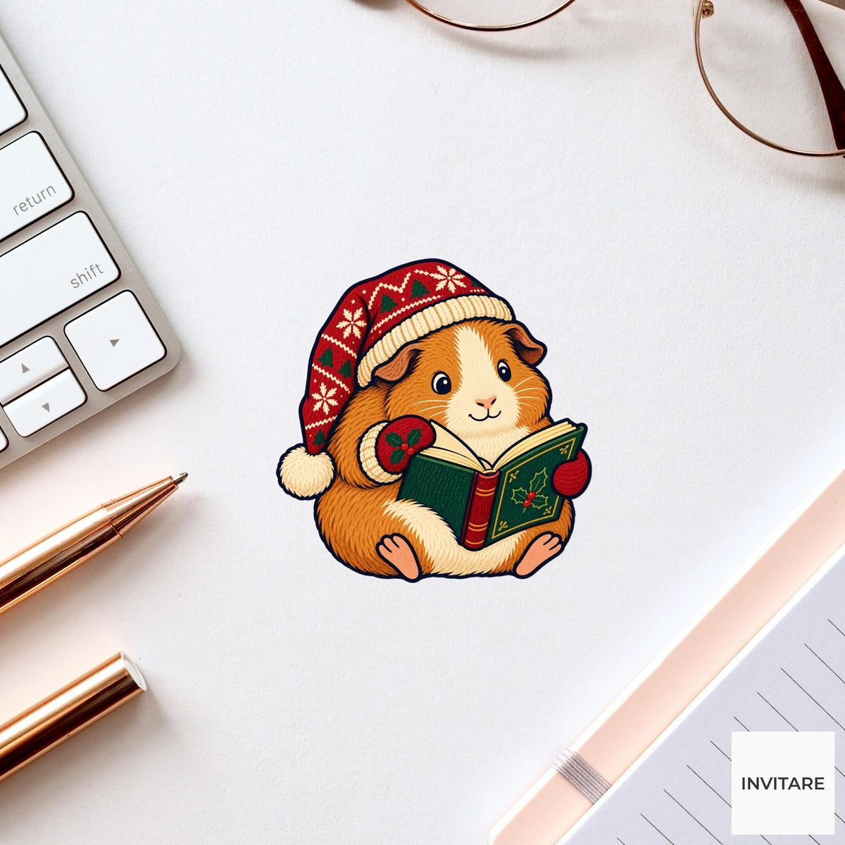Guinea Pig Page Turner Vinyl Sticker, Cozy Christmas Reading Animal Decal, Book Lover Gift