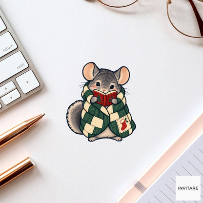 Chinchilla Quilted Chapter Vinyl Sticker, Cozy Christmas Reading Animal Decal, Book Lover Gift
