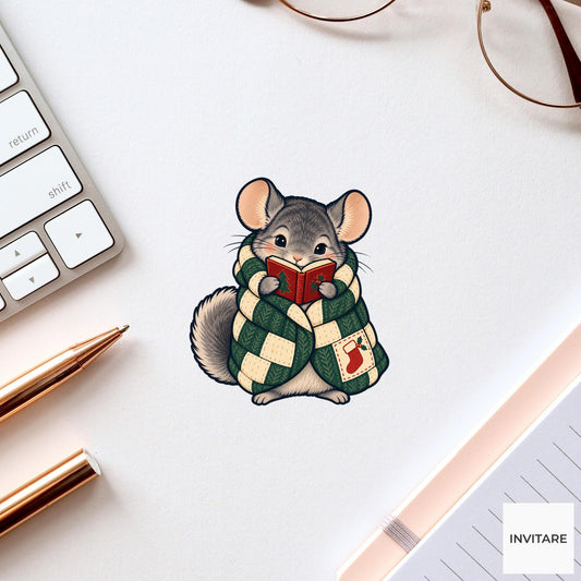 Chinchilla Quilted Chapter Vinyl Sticker, Cozy Christmas Reading Animal Decal, Book Lover Gift