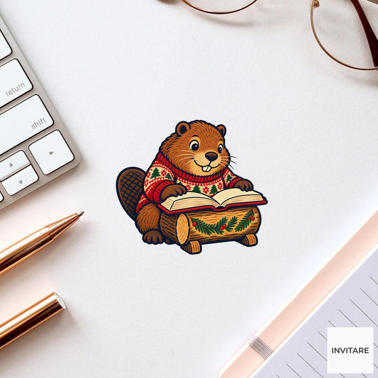 Beaver Log Bookrest Vinyl Sticker, Cozy Christmas Reading Animal Decal, Book Lover Gift