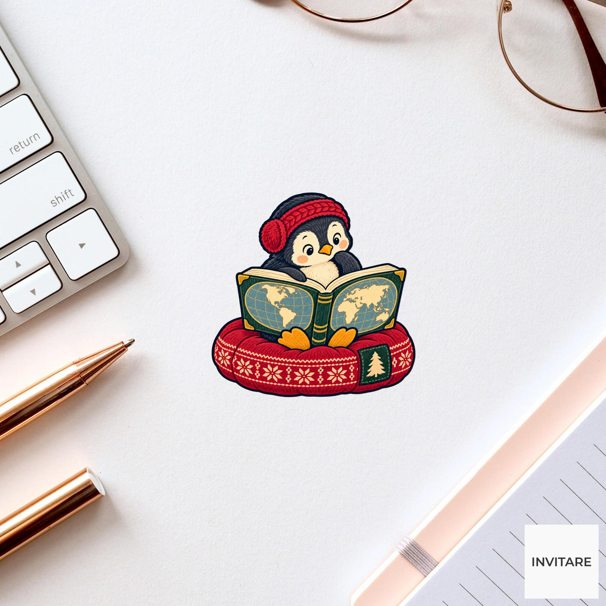 Penguin Bedtime Atlas Vinyl Sticker, Cozy Christmas Reading Animal Decal, Book Lover Gift