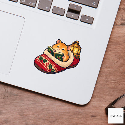 Hamster Lantern Pages Vinyl Sticker, Cozy Christmas Reading Animal Decal, Book Lover Gift