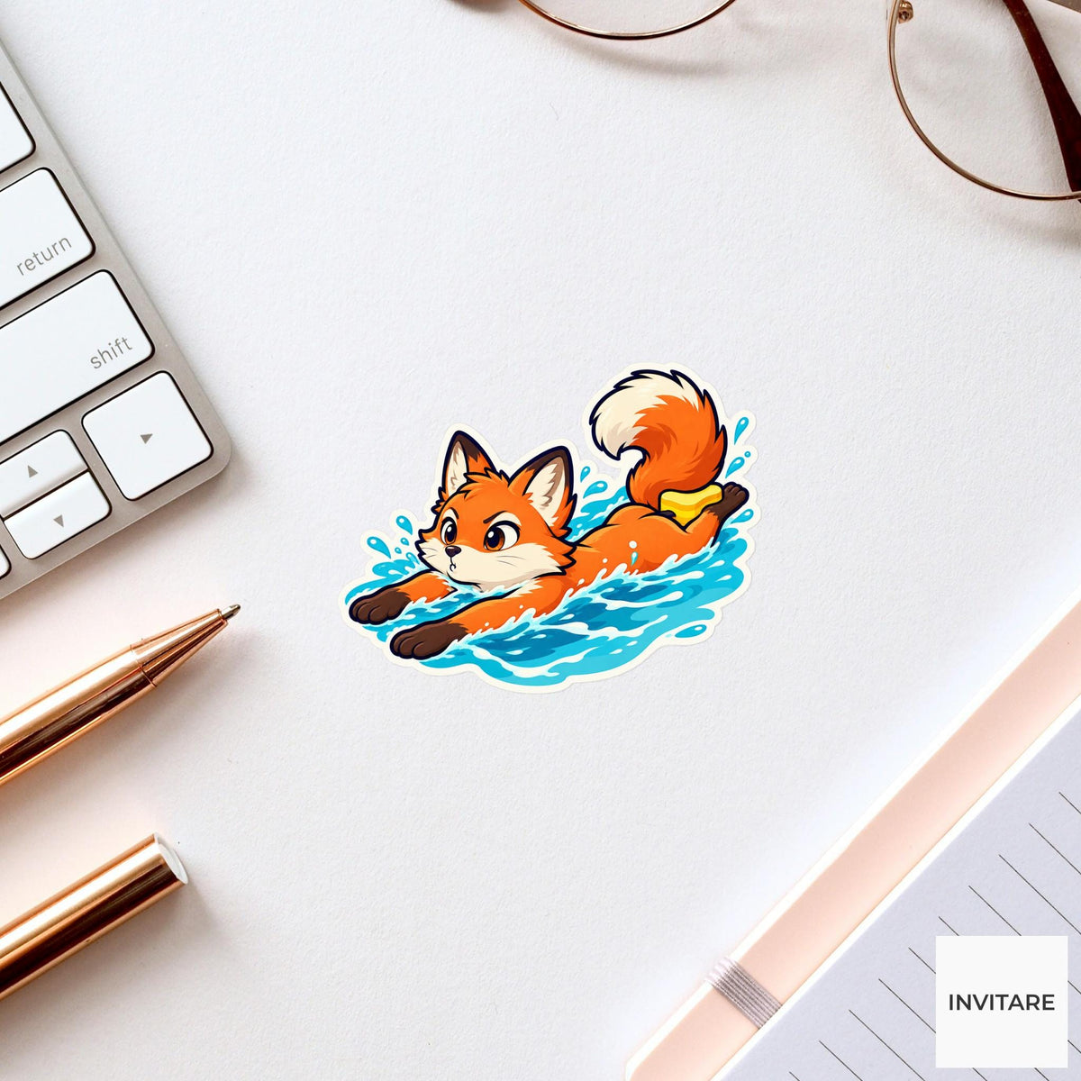 Fox Pull-Buoy Concentration Sticker, Pool Training Animal, Laptop Journal Planner Gift