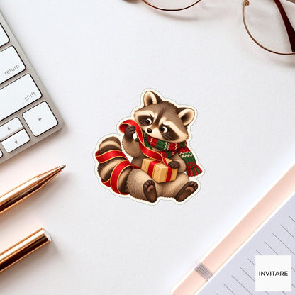 Raccoon Ribbon Untangle Sticker, Christmas Gift Mail Animal, Laptop Journal Planner Gift