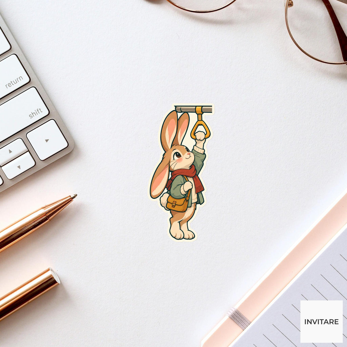 Rabbit Strap-Hanger Reach Sticker, Rail Commute Animal, Laptop Journal Planner Gift