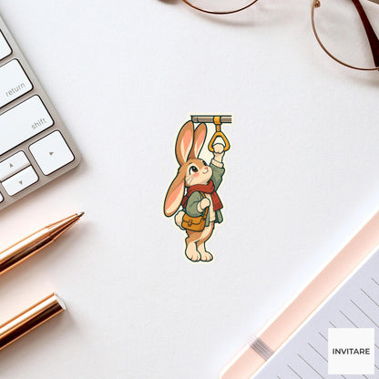 Rabbit Strap-Hanger Reach Sticker, Rail Commute Animal, Laptop Journal Planner Gift