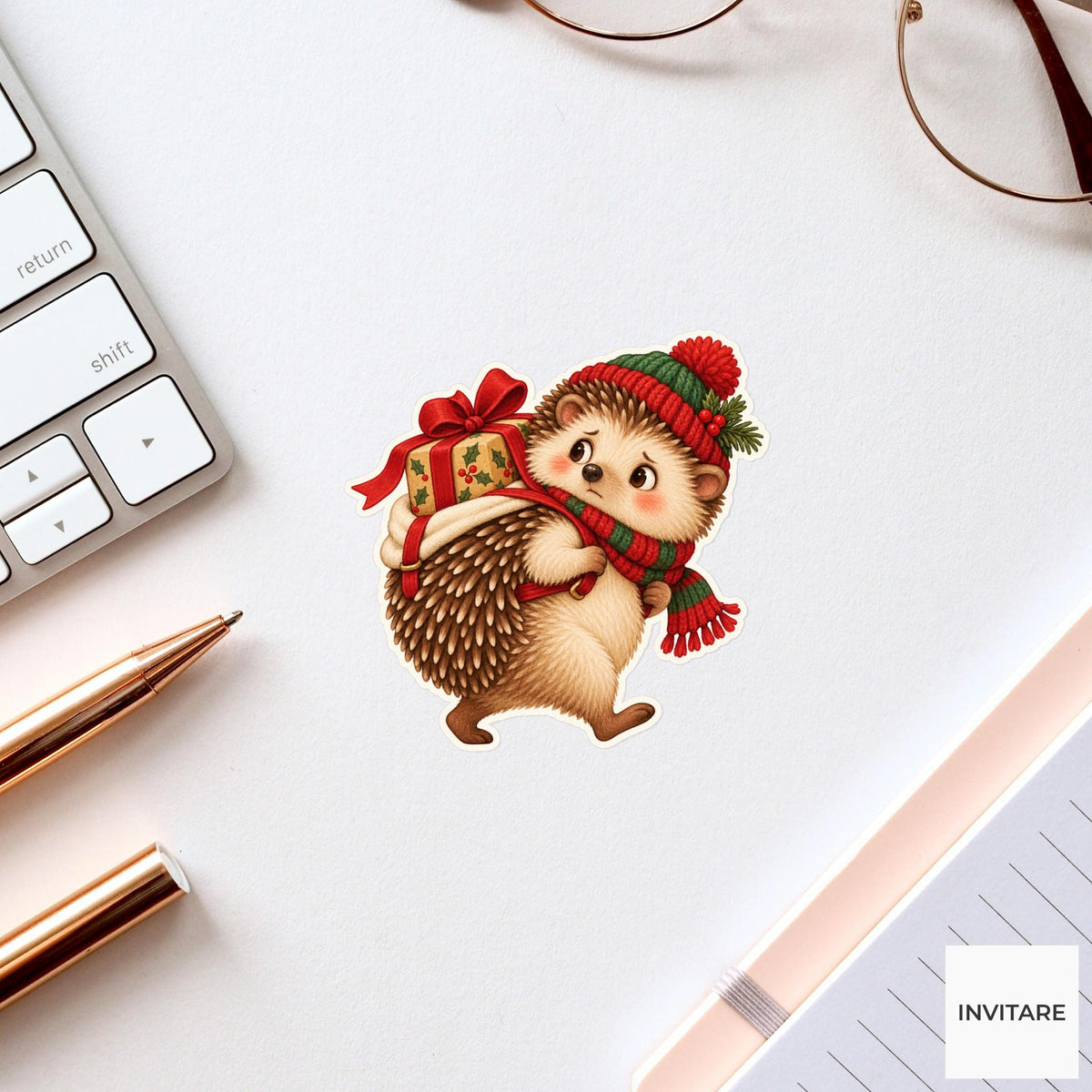 Hedgehog Bow Buffer Sticker, Christmas Gift Mail Animal, Laptop Journal Planner Gift