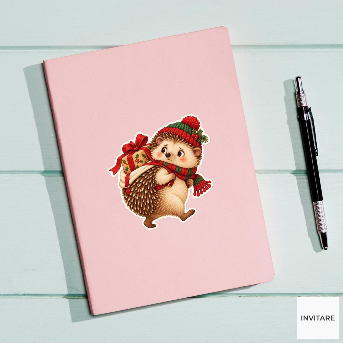 Hedgehog Bow Buffer Sticker, Christmas Gift Mail Animal, Laptop Journal Planner Gift