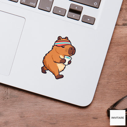 Capybara Cup Balance Sticker, Cute Running Animal, Notebook and Stationery Art, Jogger Gift