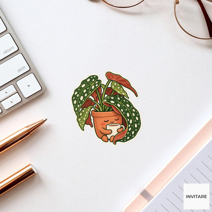 Begonia Coffee Pause Sticker, Office Mood Plant, Laptop and Journal Decor, Coworker Gift