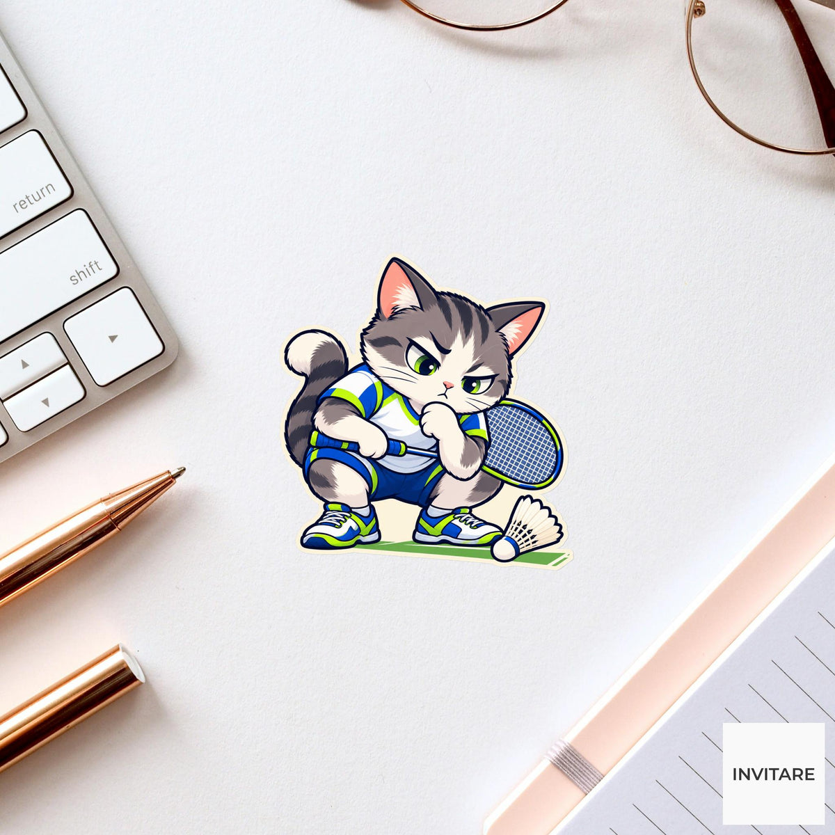 Cat Serious Line Judge Sticker, Badminton Animal Art, Training Log and Laptop Art, Club Friend Gift