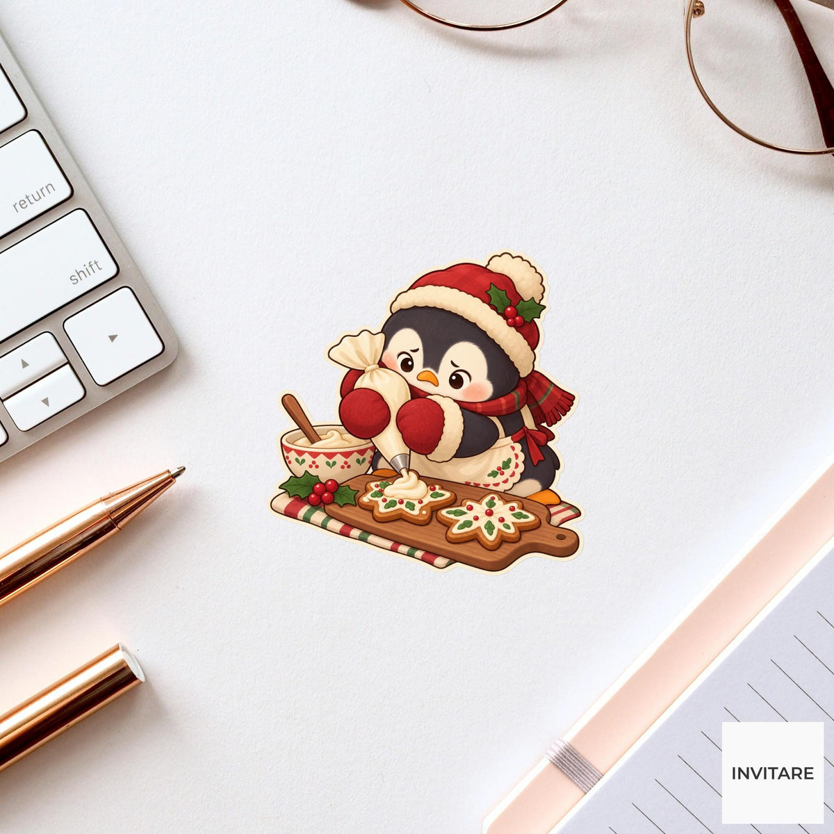 Penguin Icing Mittens Sticker, Christmas Cookie Animal, Planner and Notebook Decor, Baking Gift