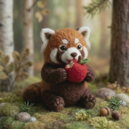 Needle Felted Red Panda Eating Apple Sticker | Gift for Animal Lovers