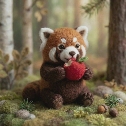 Needle Felted Red Panda Eating Apple Sticker | Gift for Animal Lovers